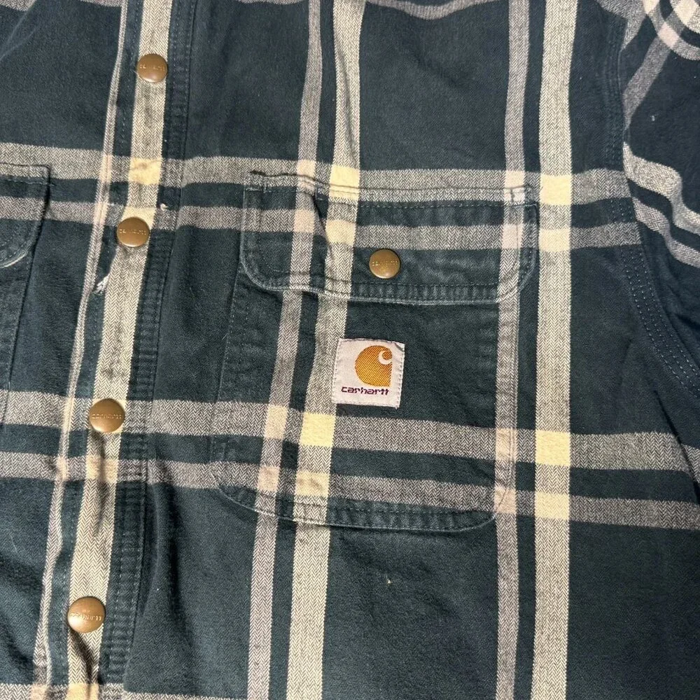 Vtg Size XL Carhartt Men Ink Green Flannel Sherpa Lined Plaid Snap‎ Front Jacket